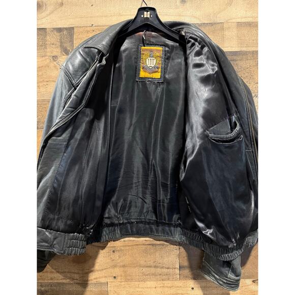 I.O.U Black Leather Bomber Jacket - Mens Size L - Picture 4 of 8